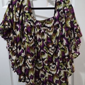 Terra & Sky Multicolor Flutter Sleeve Blouse in Purple, Olive & Brown